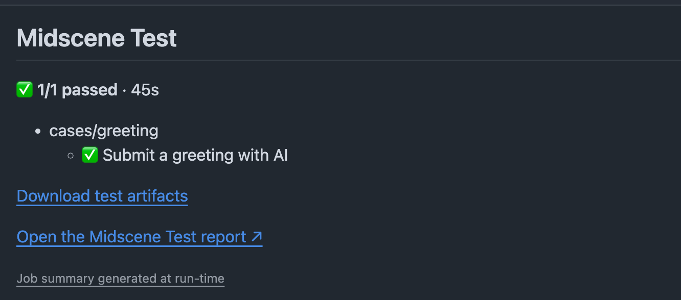 Test summary, report download, and online preview links in the workflow Summary